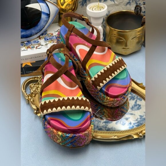 🆕 KURT GEIGER LONDON 🧿 NWOB Chelsea Flatform Sandal, Rainbow Raffia, Sz 37 US7 - Picture 9 of 16